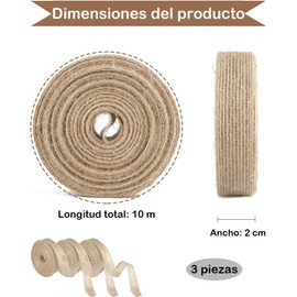 3 Rollos de Yute en Rollo, Mecate de Yute para Manualidades y Decoración, Cinta de Yute Natural de 2 cm x 10 Metros por Rollo, Ideal para Empaque Regalos y Proyectos Artesanales