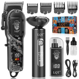Hair Clippers for Men with LED Display, 3-Piece Professional Grooming Kit with Magnetic Attachment Shaver & Nose Trimmer, Complete Cordless Rechargeable Barber Set for Home