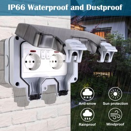 HOSPAOP Outdoor Socket IP66 Weatherproof, Double Socket Outdoor with Switch, Garden Socket, Surface-Mounted Protective Contact for Wet Room, Garden, Outdoor Use, 2-Way Socket with Hinged Lid