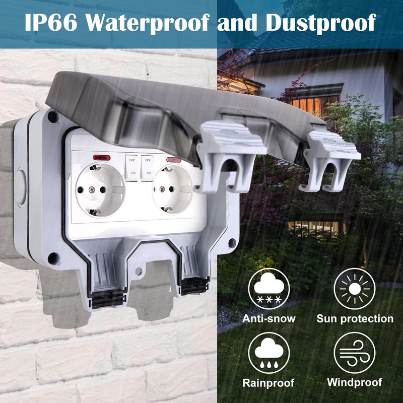 HOSPAOP Outdoor Socket IP66 Weatherproof, Double Socket Outdoor with Switch,