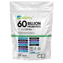 Wellthy Probioticos 60 Billones 11 Cepas. 60 Cápsulas 2 meses de Consumo, Cápsulas Veganas, DRcaps Acción Prolongada, Bottle Free.                    