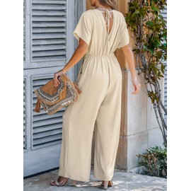 CUPSHE Women's Jumpsuit V-Neck Short Dolman Sleeve Jumpsuit Wide Leg Romper Long Playsuit Summer Elegant Trouser Suit, khaki, S