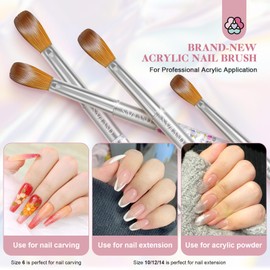 SAVILAND Kolinsky Acrylic Nail Brush Set - 4PCS Professional Acrylic Nail Brushes for Acrylic Application, Size 6/10/12/14 Acrylic Powder Brushes for Acrylic Nails Extension & 3D Nail Carving