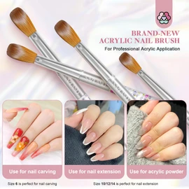 SAVILAND Kolinsky Acrylic Nail Brush Set - 4PCS Professional Acrylic Nail Brushes for Acrylic Application, Size 6/10/12/14 Acrylic Powder Brushes for Acrylic Nails Extension & 3D Nail Carving