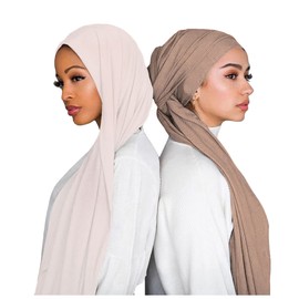ENSTILER 2PCS Women Hijab Scarfs Solid Color Muslim Head Scarf Stretch Jersey hijab muslim scarf (beige,camel)