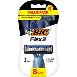 BIC Flex 3 Disposable Razors for Men, Great Razors For a Smooth and Comfortable Shave, Shaving Razors With 3 Blades, 8 Count