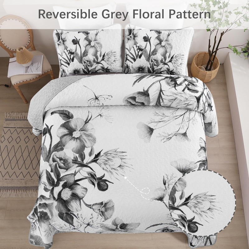 Floral Quilt Set Queen 3 Pieces Grey Floral Quilt Coverlet