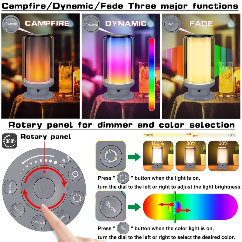 HONGUT LED Color Changing Table Lamps, Dimmable Bedside Lamp with
