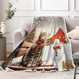 Winter Christmas Blanket, Winter Snowflake Holiday Xmas Throw Blankets, Cute Cat with Snowman Holiday Xmas Throw Blanket Super Soft Plush Blankets for Snow, 50X60 inch