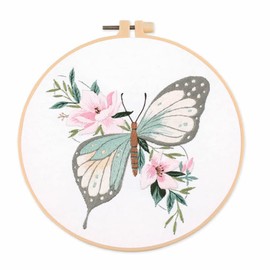 Elvaesther Embroidery Starter Kit, Butterfly Pattern Embroidery Starter Kit for Beginners Cross Stitch Kits DIY Material with Pattern Embroidery Hoop Threads Needles