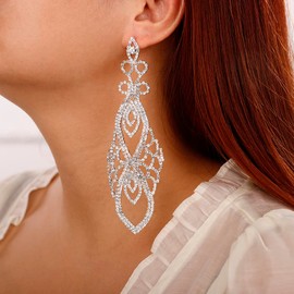 Denifery Rhinestones Chandelier Tassel Drop Earrings Iridescent Statement Crystal Stud Earrings for Wedding Bling Bridal Earrings Dangling for Women and Girls (Silver)