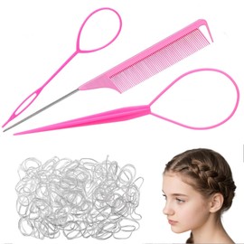 Aiweijia Hair Braiding Kit, Hair Braiding Tool with Rat Tail Comb, 2 Hair Braid Tools and tail comb with 100 Pcs Hair Elastic Bands For Women Girls Pink