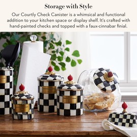 MACKENZIE-CHILDS Enamel Canister, Versatile Kitchen Storage Container for Flour and Sugar, Medium, 48-Ounce Capacity, Black-and-White Courtly Check
