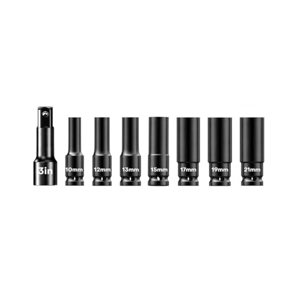 KIMO 8pcs 1/2-inch Drive Impact Socket Set, 10,12,13,15,17,19,21mm Metric Sizes