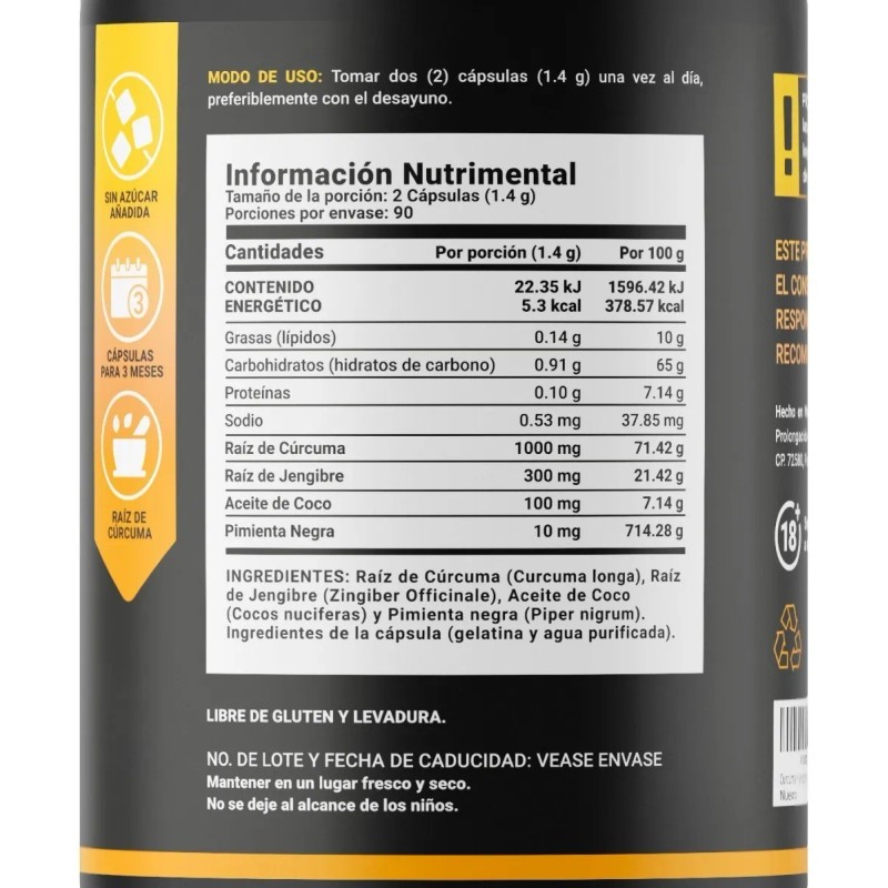 Cúrcuma + Jengibre Con Aceite De Coco 180 Cápsulas B