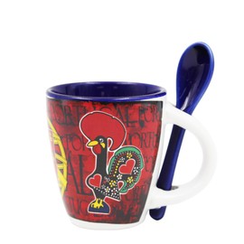 Portuguese Armillary Sphere & Rooster Ceramic Coffee Cup with Spoon Set - Microwave & Dishwasher Safe, Durable Ceramic, Ideal Gift for Coffee Enthusiasts (Espresso Cup), Red, Green