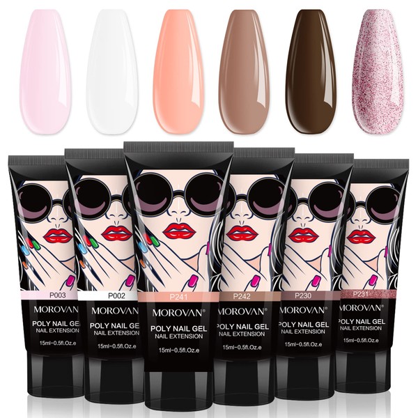 Morovan Poly Gel Nail Set - 6 Colors Nail Extension Gel Set Contain Pure and Glitter Poly Gel Builder Nail Gel Long-lasting Poly Nail Gel for Beginners Professional Poly Nail Set Nude Color Poly Gel Nail Color Packs DIY at Home