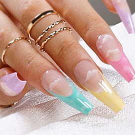 Outyua Cloud French Designer Press on Nails Rainbow Extra Long Fake Nails Coffin Ballerina Super Long False Nails Full Cover Acrylic Nails for Women and Girls 24Pcs (Cloud)
