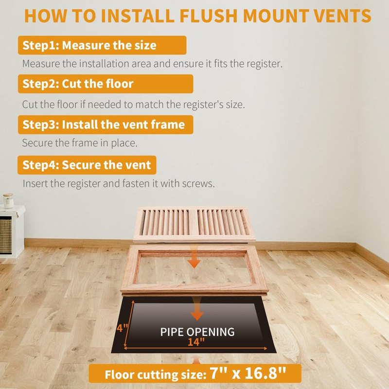Oak Floor Register for 4x14 Inch Duct Holes - Flush