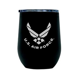 Air Force Steel Stemless Wine Glass Tumbler, 12 oz Double Wall Vacuum Insulated âMatte Black with USAF logo and Lid