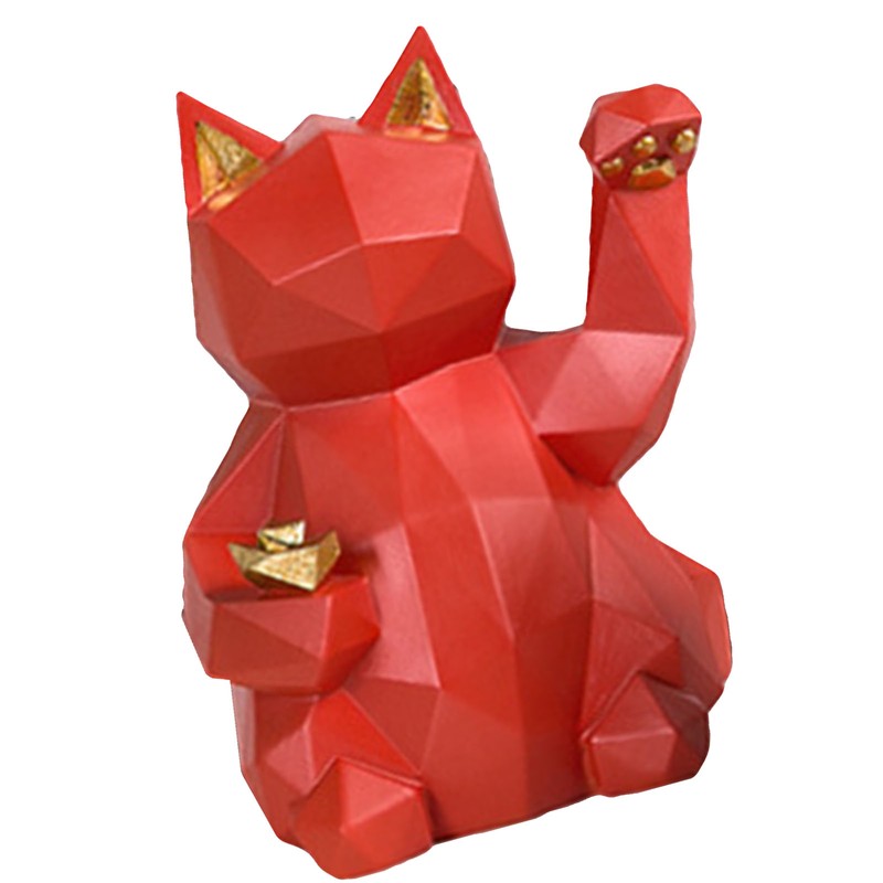 Fortune Cat Figurine Geometry Style Eco Friendly Resin Bright Red
