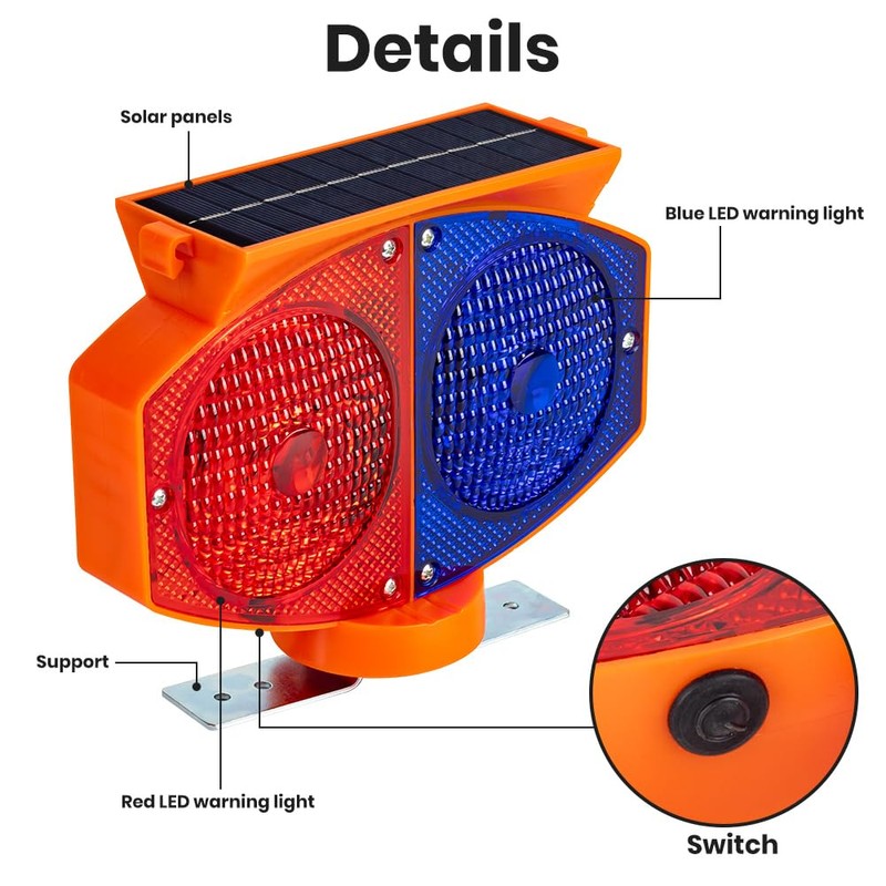 Solar Strobe Warning Light, 3 Working Modes Double Side Red
