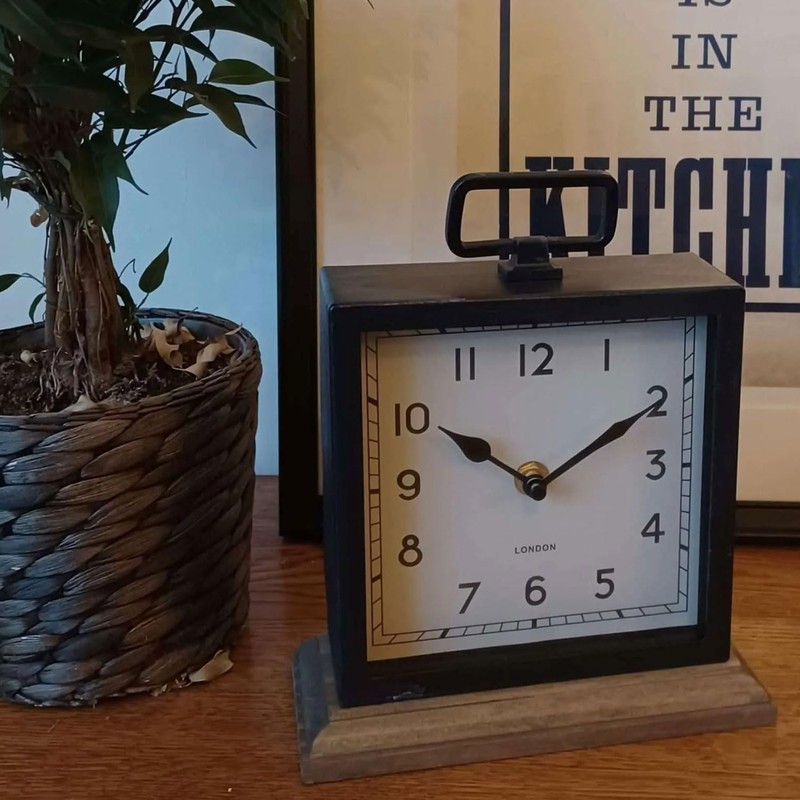 ARIATI Black Metal Handle Mentel Clock on Wood Base Distressed