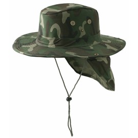 Safari Boonie Green Woodland Camouflage Neck Flap Chin Strap Fishing Bucket Hat Outdoors (Green Camouflage, X-Large)