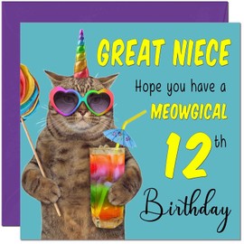 12th Great Niece Birthday Card - Meowgical Cat Funny Birthday Card for 12 Year old Kids twelve, twelfth