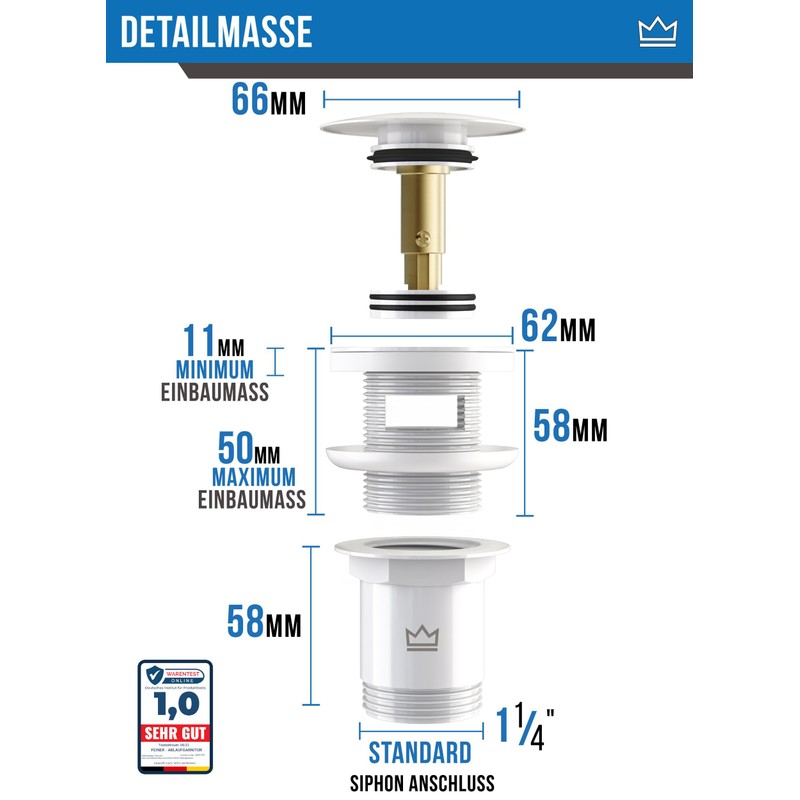 FEINER® Universal Sink Drain Fitting – White – Suitable for