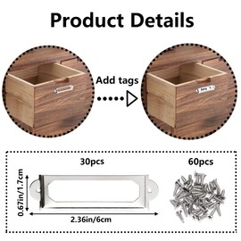 HAOBIN Pack of 30 Metal Label Holder Label Holder Label Frame 60 x 17 mm Metal Label Frame Label Holder Shelf Filing Cabinet with Screw Label Frame, Office Chest of Drawers, Book Shelf