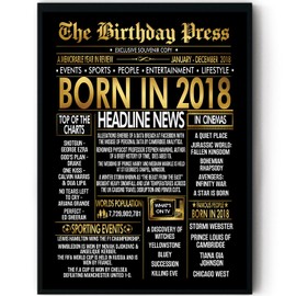 Stuff4 Gold 7th Birthday Poster Framed - Golden Born In 2018 Newspaper - Happy 7 Birthday for Boys Girls Retro Vintage Gifts Back In 2018, 8x10 Inch Bday Party Decor Decoration