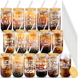 Ziliny 16 Set Teacher Appreciation Gifts 16 oz Gifts for Teachers Women Men Teacher Cup with Lid Straw and Straw Brush Teacher Gifts Glass Teacher Thank You Gifts for Teachers Women Men(Stylish)