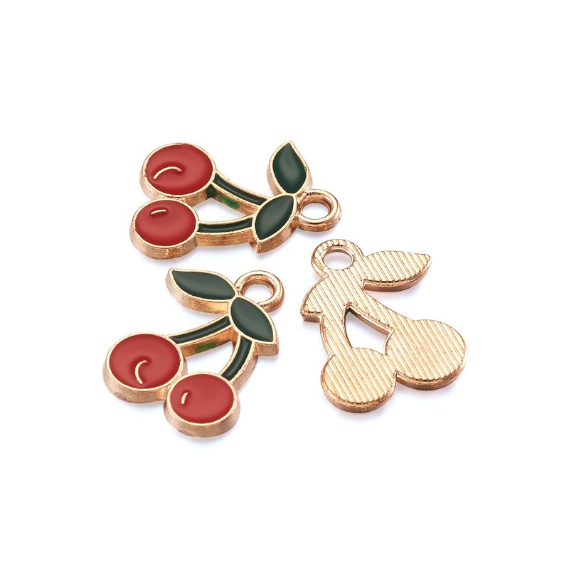 Cheriswelry 100 Pieces Enamel Pendant Cherry Dangle Charms Light Gold