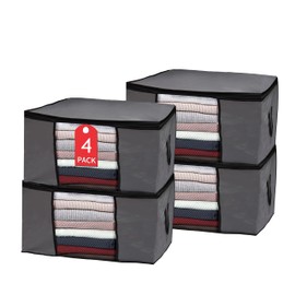 Clothes Storage, Foldable Blanket Storage Bags, Storage Containers for Organizing Bedroom, Closet, Clothing, Comforter, Organization and Storage with Lids and Handle, Grey (4-Pack)