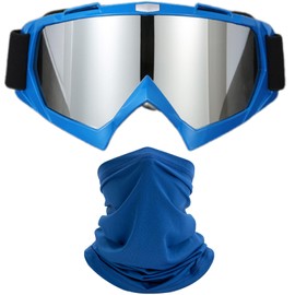immoono Motorcycle Goggles Dirt Bike ATV Off-road Riding Motocross Glasses with Neck Gaiter Face Cover for Women Girls Men, Blue Frame Silver Lenses