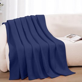100% Cotton Blankets Throw Size for Bed - Waffle Weave Blankets for Summer, Lightweight and Breathable Soft Woven Blanket for Spring (Navy, Throw (50" x 60")
