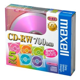 Maxell CDRW80MIX.1P5S Data CD-RW 700MB 4X Color Mix 5 Sheets 0.2 inch (5 mm) Case