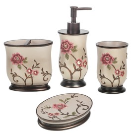 Zahari Home 4pc Larrisa Floral Bathroom Accessories Sets Modern Classic Flower Soap Dispenser, Tumbler, Tooth Brush Holder and Soap Dish Holder Luxury Decor Unique Design Stylish Bathroom Sets