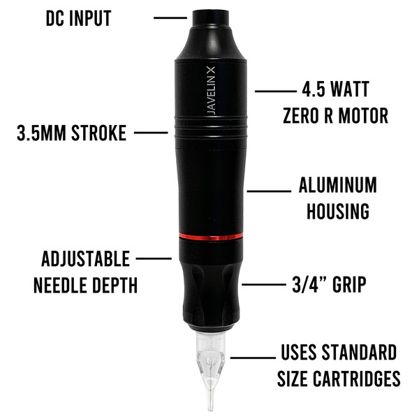 Javelin X Tattoo Pen Kit with Professional Radiant Colors 7 Ink Set Machine Gun (100 PCS)
