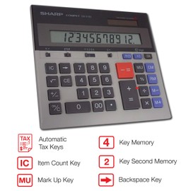 Sharp QS-2130 12-Digit Commercial Desktop Calculator with Kickstand, Arithmetic Logic, Battery and Solar Hybrid Powered LCD Display, Great For Home and Office Use,Gray and Black Small
