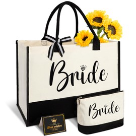 Bride Gifts Canvas Tote Bag with Makeup Bag, Wedding Gifts for Bridal Shower Bachelorette Party Engagement Honeymoon, Miss to Mrs, Bride to Be, Bridal Shower Decorations