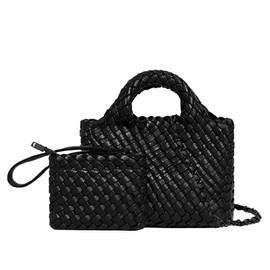 OUYGZOU Woven Tote Bag for Women with Coin Purse, Foldable Chain Small Crossbody Handbags, Fashion Shoulder Bag, Hobo Satchel, Black