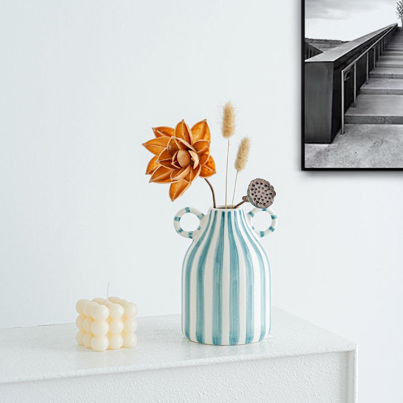 Blue and White Ceramic Vase, Mid Century Modern Striped Small