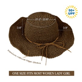 Women Sun Hat Wide Brim Floppy Beach Hat Crochet Straw Hat Breathable UV UPF 50+ Summer Hat Foldable Packable Travel Outdoor Cap Dark Coffee