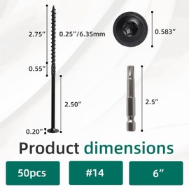 [Pack of 50] Structural Screws,#14×6 Inch Black Heavy-Duty Wood Screw,Lag Screws,Heavy Duty Construction Wood Screw,Rust Resistant Black Coating,Timber Screws,Star Drive with Bit
