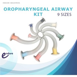 Endure Oropharyngeal Airway Kit, 9 Pieces, Sizes 40mm - 120mm, Color-Coded by Size, with 2 Pack of Sterile Non-Woven Sponges