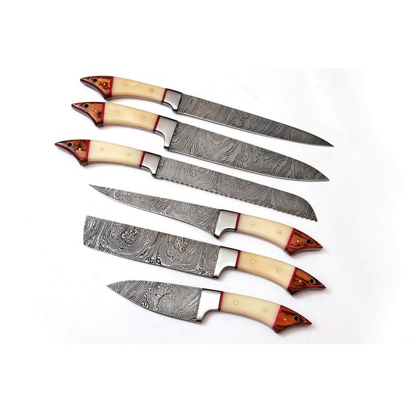 Custom made damascus steel kitchen/chef's knife set with leather roll bag DR-1061-B-6.