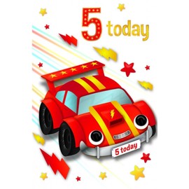 Age 5 Boy Birthday Card - 5th Birthday Red Racing Car Stars with Foil 7.75x5.25"