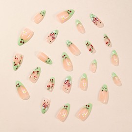 FIEONCIY Press on Nails Almond Shape-Glossy Full Cover Acrylic Green French False Nails with Floral Designs Artificial Medium Almond Pointed Fake Nails Glue ons Nails Stick on Fingernails for Women
